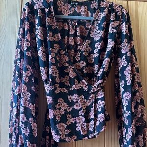 Lulu's Pink Floral Wrap Blouse
